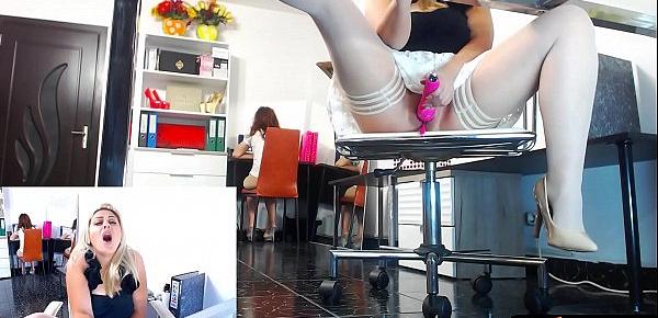  White high heels office fun with squirting on the floor | LIVE ON blondikva.hot4cams.com